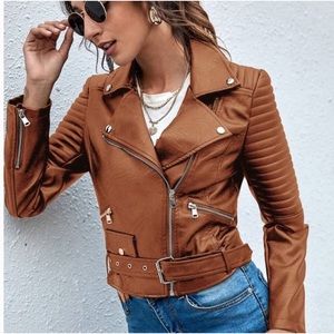 Camel tan vegan leather zipper moto jacket